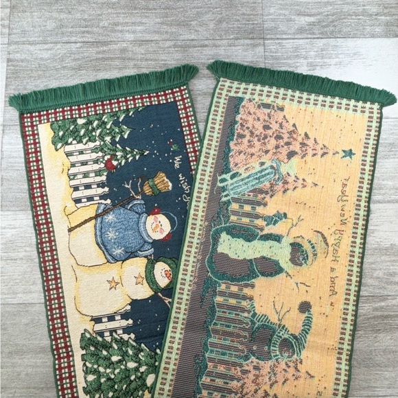 Sandi Gore Evens Tapestry Table Runner 72”x13” Snowmen Merry Christmas Rabbits - Picture 10 of 16